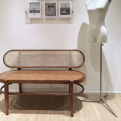 Contemporary Retro Rectangular Ash Wood Indonesian Rattan Bench For Entryway
