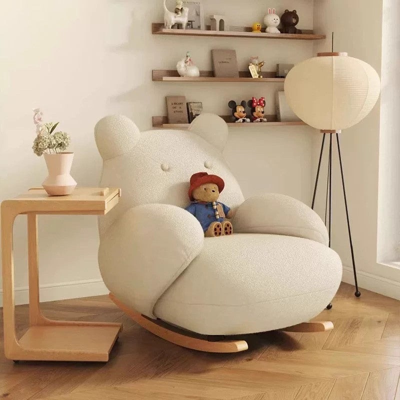 Contemporary Creative Square Rectangular Lamb Fleece Iron Rubberwood Bear Rocking Chair Backrest Armrest For Living Room
