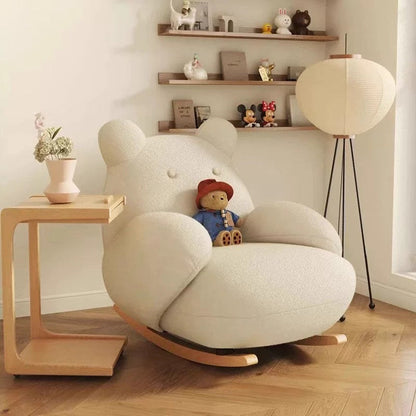 Contemporary Creative Square Rectangular Lamb Fleece Iron Rubberwood Bear Rocking Chair Backrest Armrest For Living Room