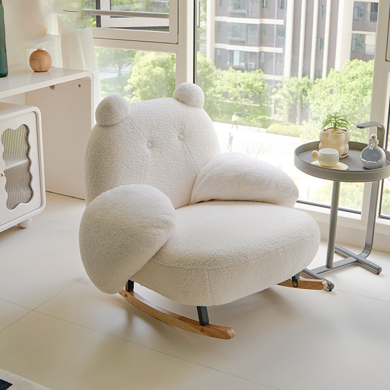 Contemporary Creative Square Rectangular Lamb Fleece Iron Rubberwood Bear Rocking Chair Backrest Armrest For Living Room