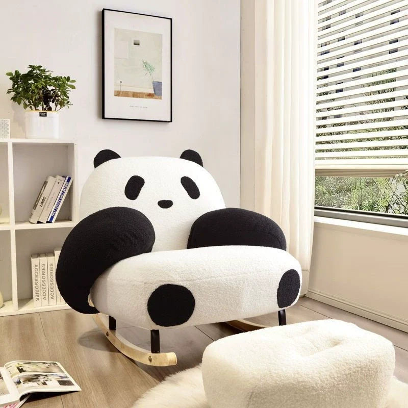 Contemporary Creative Square Rectangular Lamb Fleece Carbon Steel Rubberwood Panda Rocking Chair Backrest Armrest For Living Room