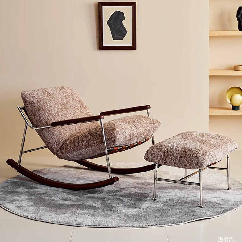 Modern Minimalist Square Rectangular Chenille Ash Wood Stainless Steel Saddle Leather Removable Rocking Chair Backrest Armrest For Living Room