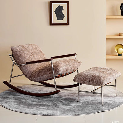 Modern Minimalist Square Rectangular Chenille Ash Wood Stainless Steel Saddle Leather Removable Rocking Chair Backrest Armrest For Living Room