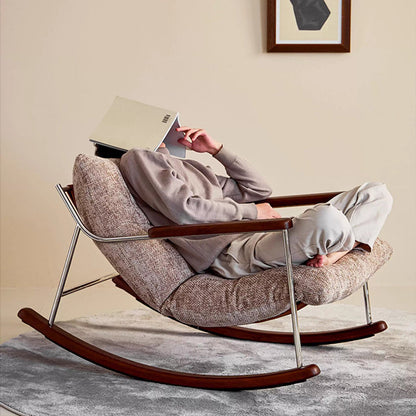 Modern Minimalist Square Rectangular Chenille Ash Wood Stainless Steel Saddle Leather Removable Rocking Chair Backrest Armrest For Living Room