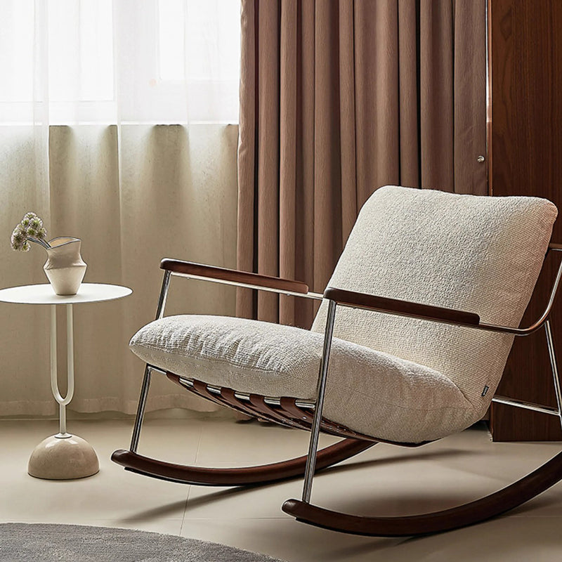 Modern Minimalist Square Rectangular Chenille Ash Wood Stainless Steel Saddle Leather Removable Rocking Chair Backrest Armrest For Living Room