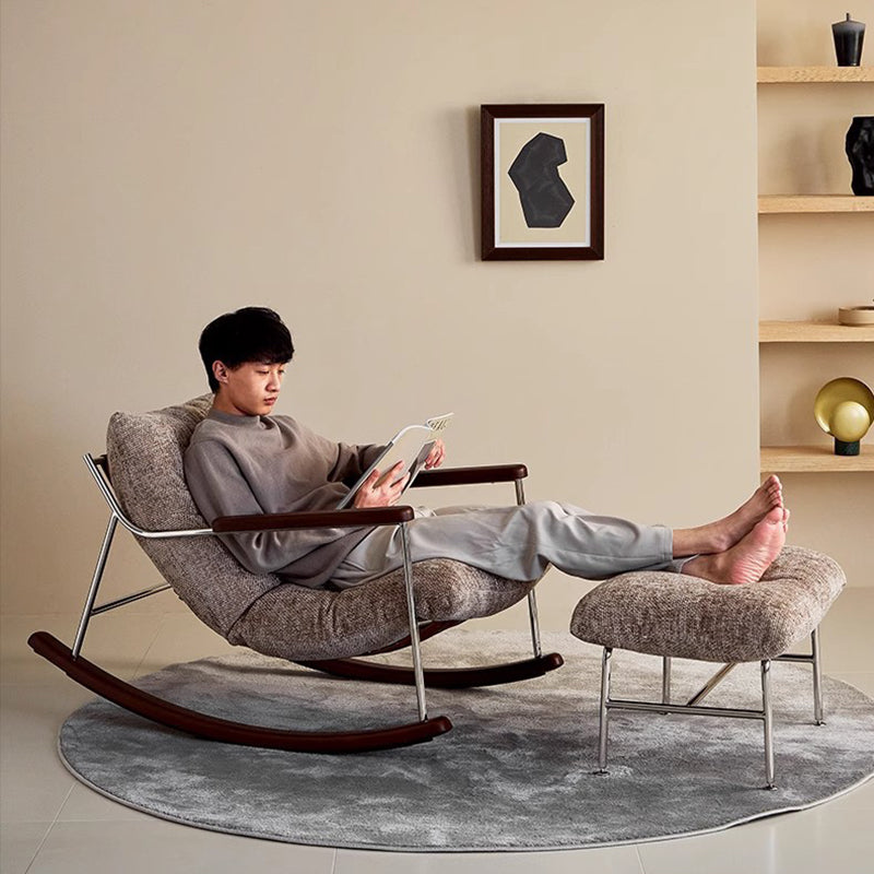 Modern Minimalist Square Rectangular Chenille Ash Wood Stainless Steel Saddle Leather Removable Rocking Chair Backrest Armrest For Living Room