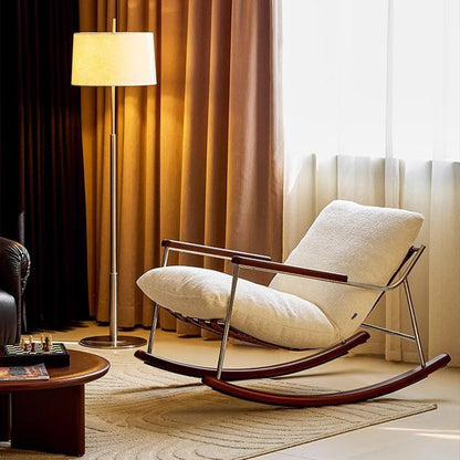 Modern Minimalist Square Rectangular Chenille Ash Wood Stainless Steel Saddle Leather Removable Rocking Chair Backrest Armrest For Living Room
