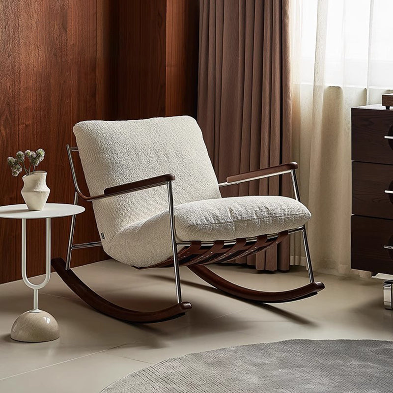 Modern Minimalist Square Rectangular Chenille Ash Wood Stainless Steel Saddle Leather Removable Rocking Chair Backrest Armrest For Living Room