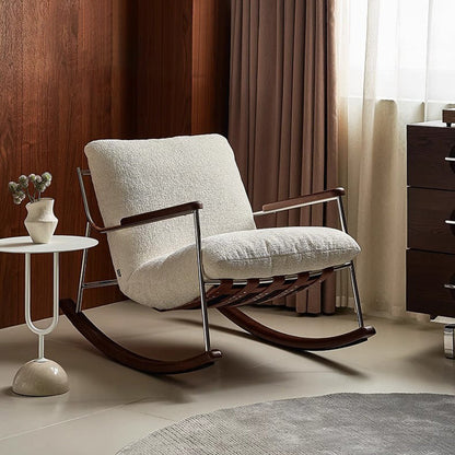 Modern Minimalist Square Rectangular Chenille Ash Wood Stainless Steel Saddle Leather Removable Rocking Chair Backrest Armrest For Living Room