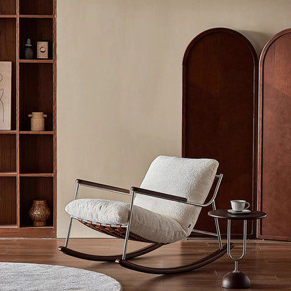 Modern Minimalist Square Rectangular Chenille Ash Wood Stainless Steel Saddle Leather Removable Rocking Chair Backrest Armrest For Living Room