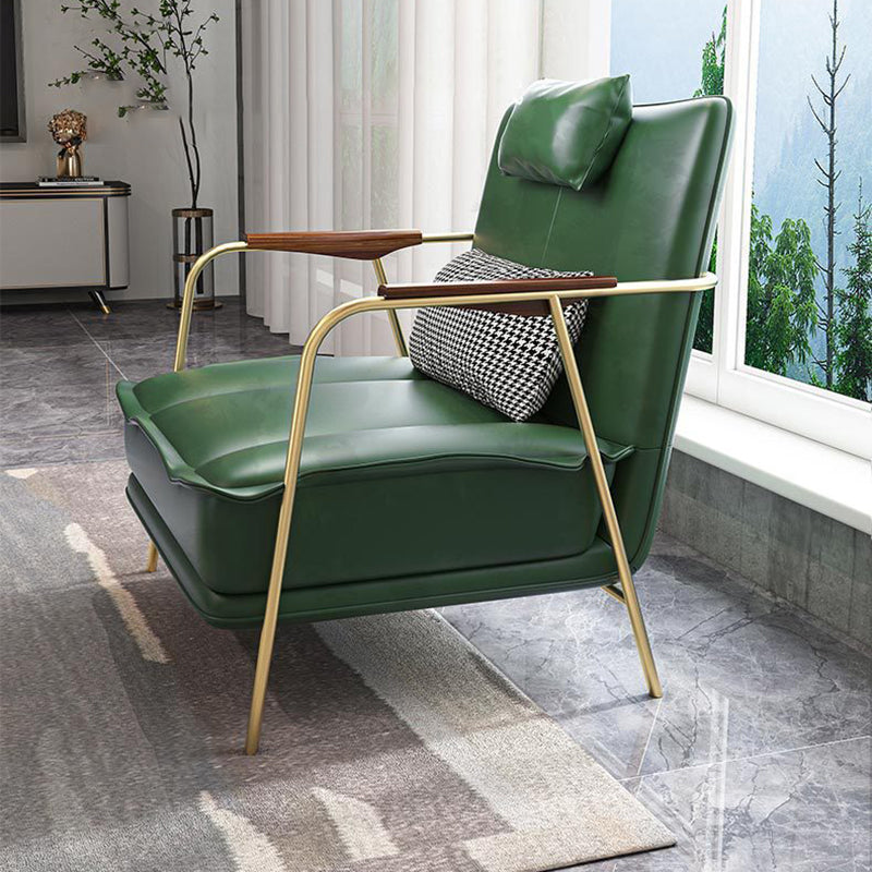 Contemporary Nordic Square Rectangular PU Leather Iron Eucalyptus Wood Accent Chair Backrest Armrest For Living Room