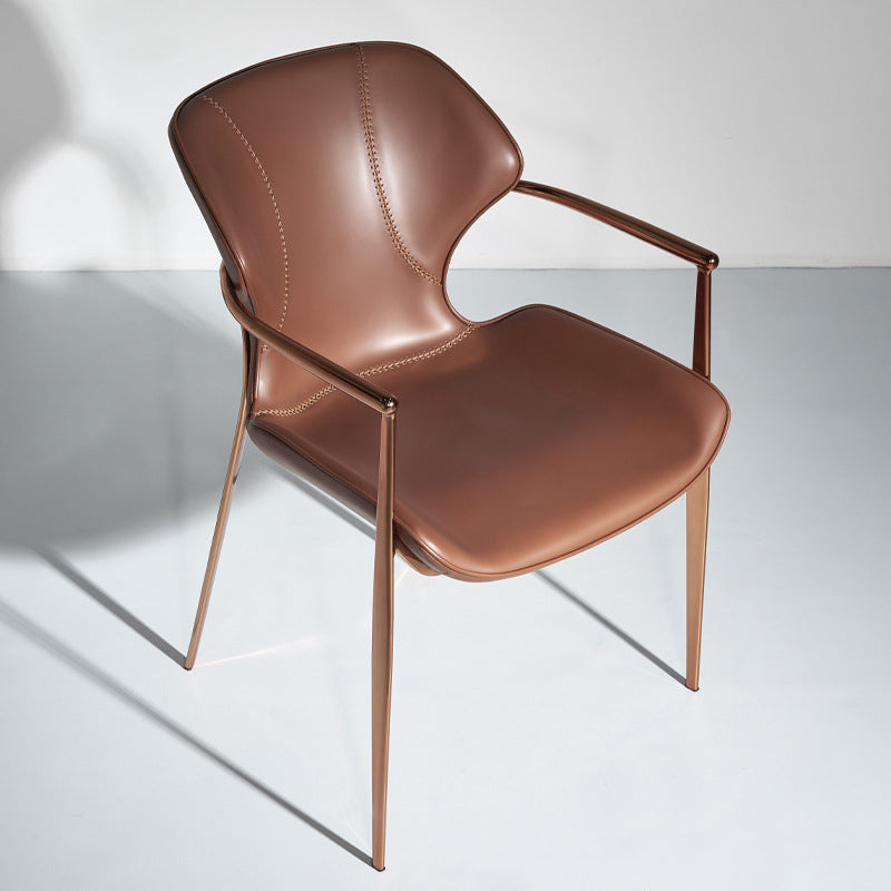 Contemporary Nordic Square Rectangular Saddle Leather Stainless Steel Dining Chair Backrest Armrest For Dining Room & Kitchen
