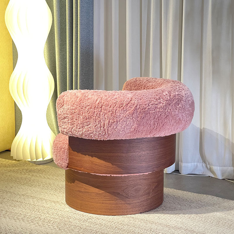 Contemporary Nordic Round Lamb Fleece Solid Wood Plywood Accent Chair Backrest Armrest For Living Room