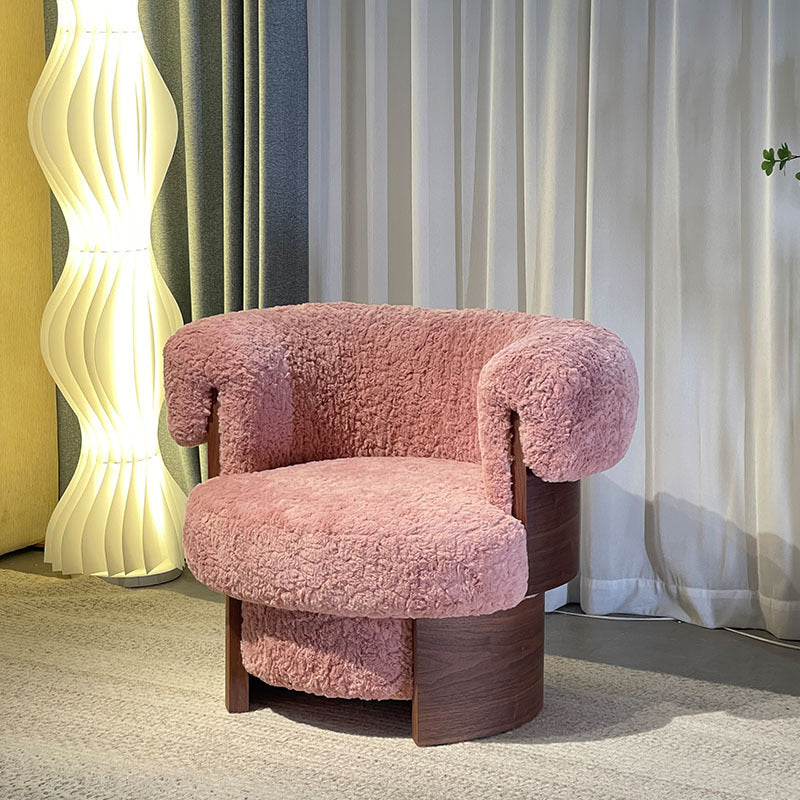 Contemporary Nordic Round Lamb Fleece Solid Wood Plywood Accent Chair Backrest Armrest For Living Room