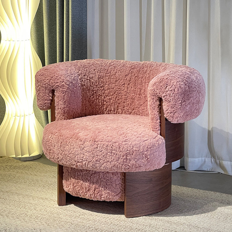 Contemporary Nordic Round Lamb Fleece Solid Wood Plywood Accent Chair Backrest Armrest For Living Room