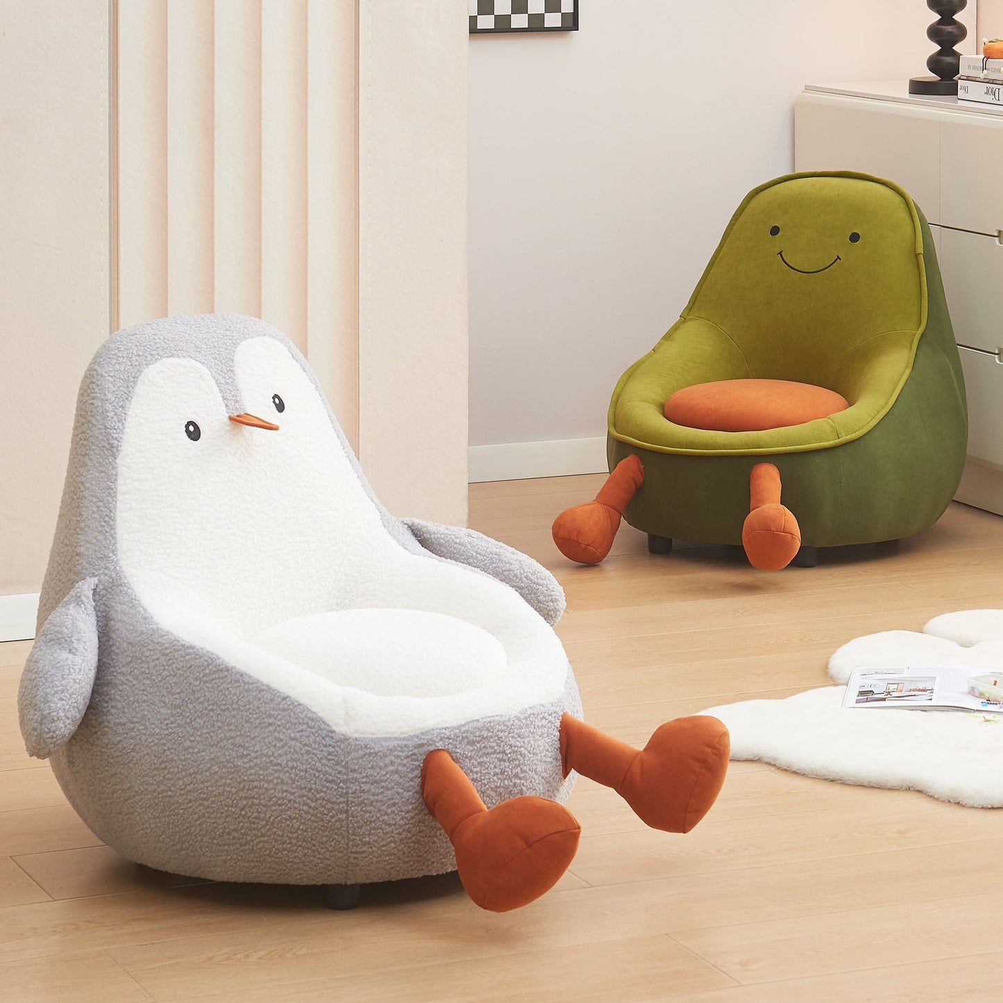 Contemporary Creative Kids Avocado-shaped Penguin-shaped Sponge Sherpa Fabric Accent Chair Backrest Armless For Living Room