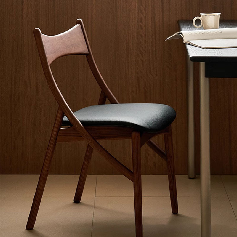 Traditional Vintage Rectangular Curved Cat-Shaped Solid Wood Silicone Leather Fabric Dining Chair Backrest Armless For Dining Room