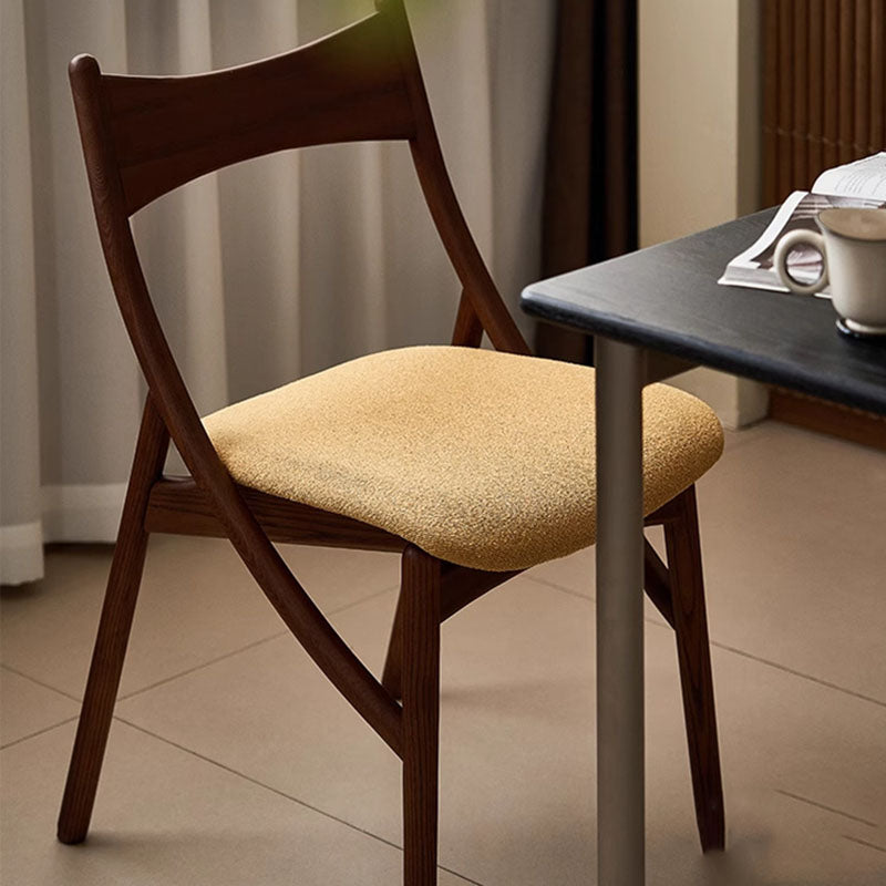 Traditional Vintage Rectangular Curved Cat-Shaped Solid Wood Silicone Leather Fabric Dining Chair Backrest Armless For Dining Room