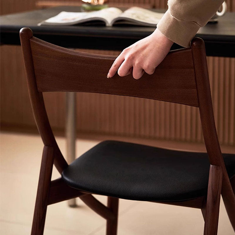 Traditional Vintage Rectangular Curved Cat-Shaped Solid Wood Silicone Leather Fabric Dining Chair Backrest Armless For Dining Room