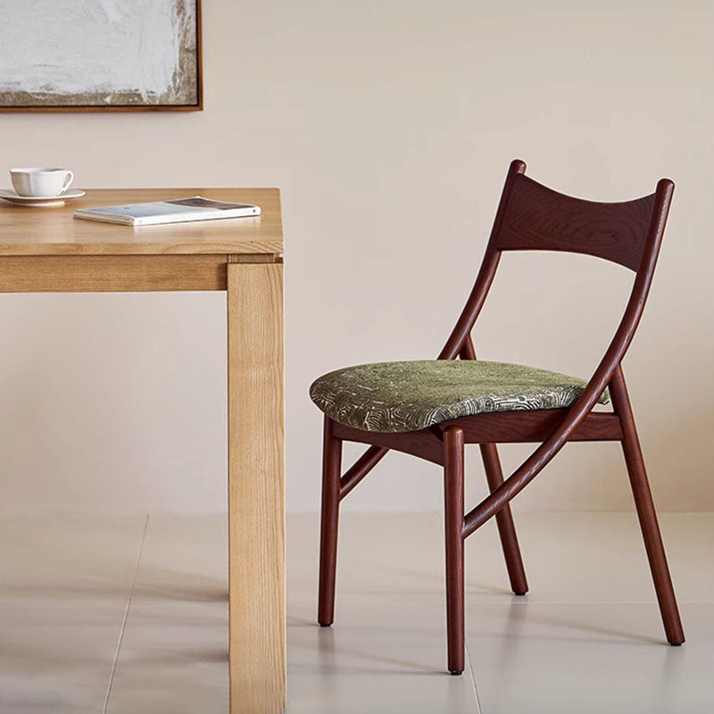Traditional Vintage Rectangular Curved Cat-Shaped Solid Wood Silicone Leather Fabric Dining Chair Backrest Armless For Dining Room