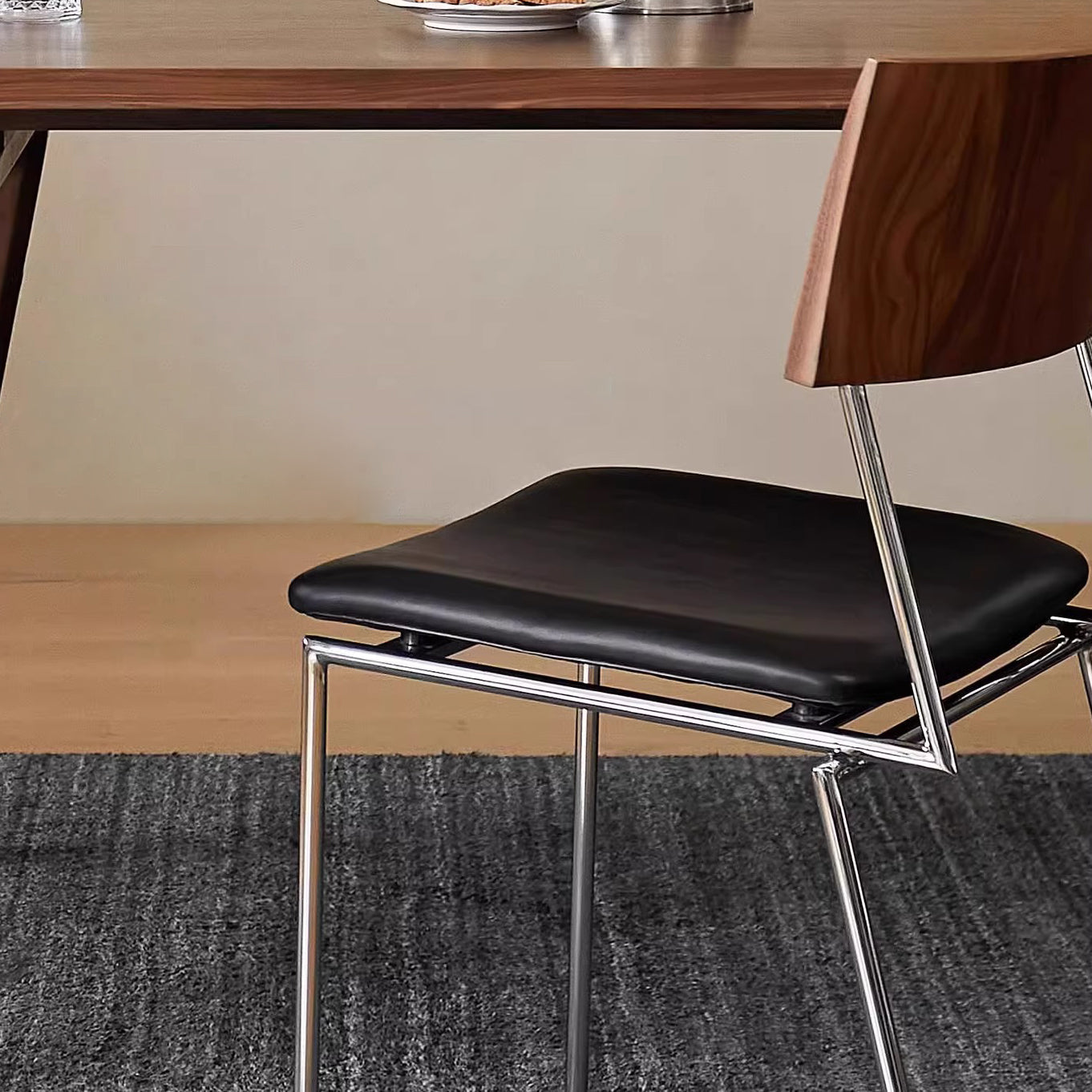 Traditional Vintage Square Microfiber Leather Plywood Stainless Steel Dining Chair For Dining Room