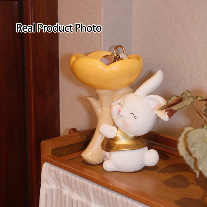 Contemporary Creative Resin Solid Wood Bunny Cat Table Decor With Jewelry Hanger For Living Room & Entryway