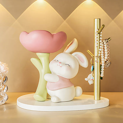 Contemporary Creative Resin Solid Wood Bunny Cat Table Decor With Jewelry Hanger For Living Room & Entryway