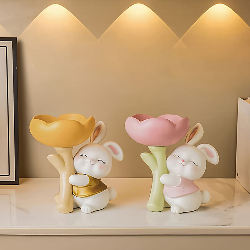 Contemporary Creative Resin Solid Wood Bunny Cat Table Decor With Jewelry Hanger For Living Room & Entryway