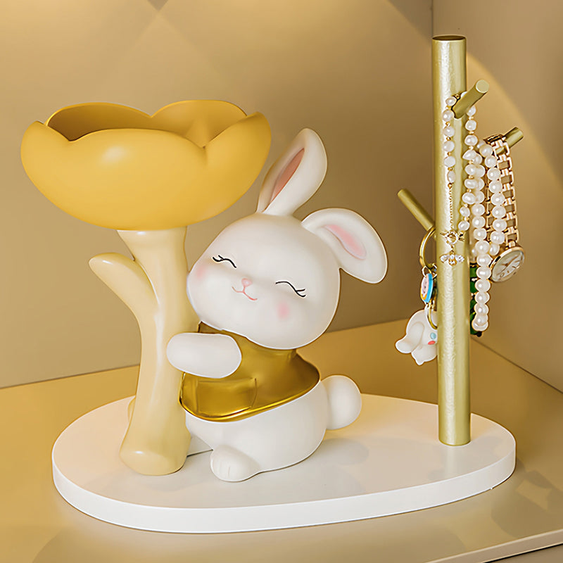 Contemporary Creative Resin Solid Wood Bunny Cat Table Decor With Jewelry Hanger For Living Room & Entryway
