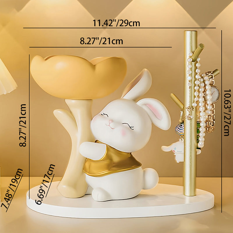 Contemporary Creative Resin Solid Wood Bunny Cat Table Decor With Jewelry Hanger For Living Room & Entryway