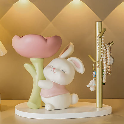 Contemporary Creative Resin Solid Wood Bunny Cat Table Decor With Jewelry Hanger For Living Room & Entryway