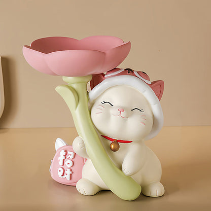 Contemporary Creative Resin Solid Wood Bunny Cat Table Decor With Jewelry Hanger For Living Room & Entryway