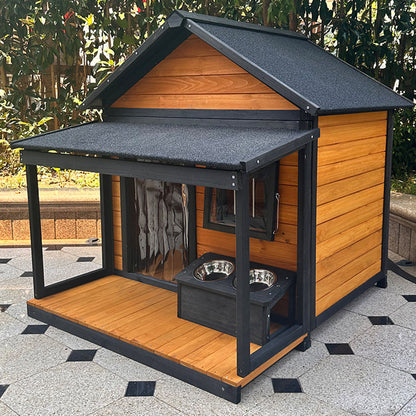 Modern Minimalist House-Shaped Cedar Wood Asphalt Stainless Steel Plastic Outdoor Waterproof Dog House Cat Bed With Balcony For Garden