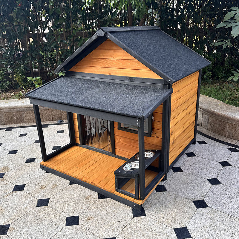 Modern Minimalist House-Shaped Cedar Wood Asphalt Stainless Steel Plastic Outdoor Waterproof Dog House Cat Bed With Balcony For Garden