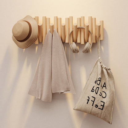 Contemporary Nordic Cylindrical Piano-Key Pine Wall-Mounted Coat Rack Hall Tree For Bedroom & Entryways