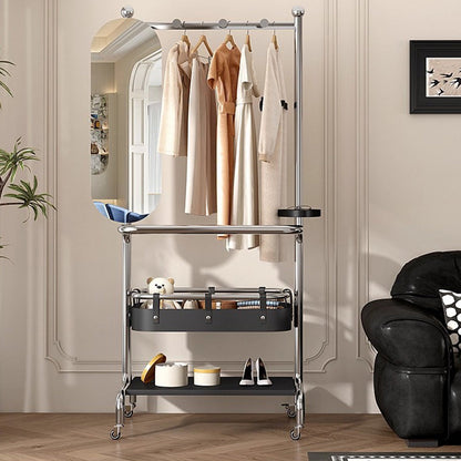Contemporary Industrial Rectangular Stainless Steel Rubberwood Faux Saddle Leather Movable Hall Tree 2-Tier With Rotatable Half-Length Mirror For Entryways