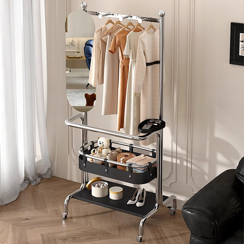 Contemporary Industrial Rectangular Stainless Steel Rubberwood Faux Saddle Leather Movable Hall Tree 2-Tier With Rotatable Half-Length Mirror For Entryways