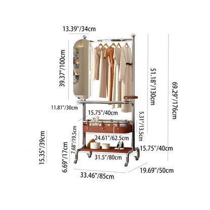 Contemporary Industrial Rectangular Stainless Steel Rubberwood Faux Saddle Leather Movable Hall Tree 2-Tier With Rotatable Half-Length Mirror For Entryways