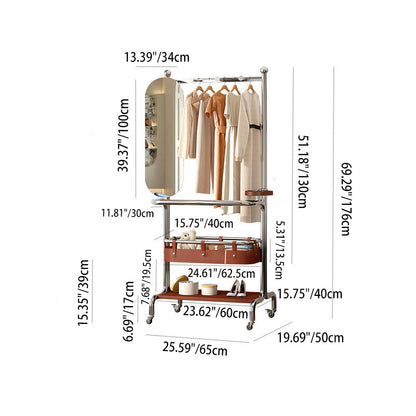 Contemporary Industrial Rectangular Stainless Steel Rubberwood Faux Saddle Leather Movable Hall Tree 2-Tier With Rotatable Half-Length Mirror For Entryways