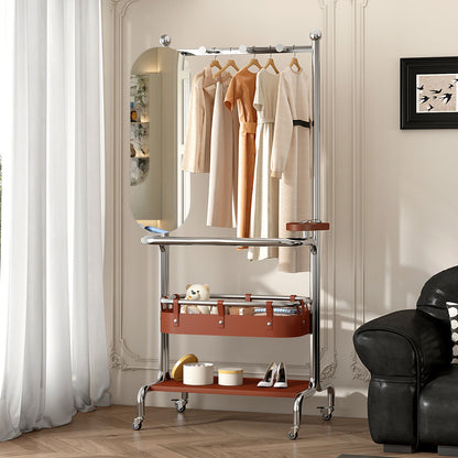 Contemporary Industrial Rectangular Stainless Steel Rubberwood Faux Saddle Leather Movable Hall Tree 2-Tier With Rotatable Half-Length Mirror For Entryways