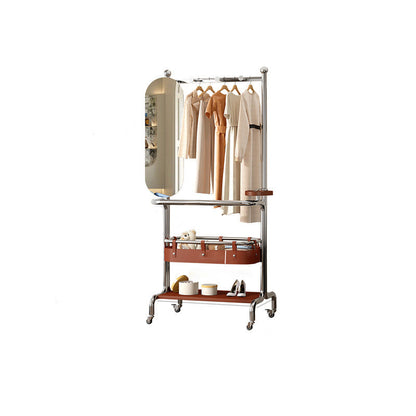 Contemporary Industrial Rectangular Stainless Steel Rubberwood Faux Saddle Leather Movable Hall Tree 2-Tier With Rotatable Half-Length Mirror For Entryways