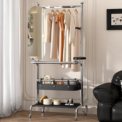 Contemporary Industrial Rectangular Stainless Steel Rubberwood Faux Saddle Leather Movable Hall Tree 2-Tier With Rotatable Half-Length Mirror For Entryways