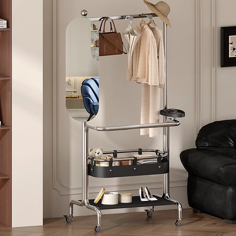 Contemporary Industrial Rectangular Stainless Steel Rubberwood Faux Saddle Leather Movable Hall Tree 2-Tier With Rotatable Half-Length Mirror For Entryways