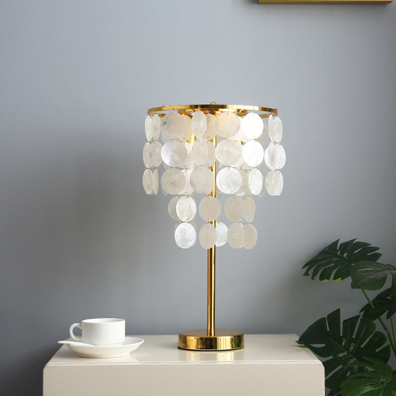 Contemporary Scandinavian Round Processing Natural Shell Iron 1-Light Table Lamp For Bedroom