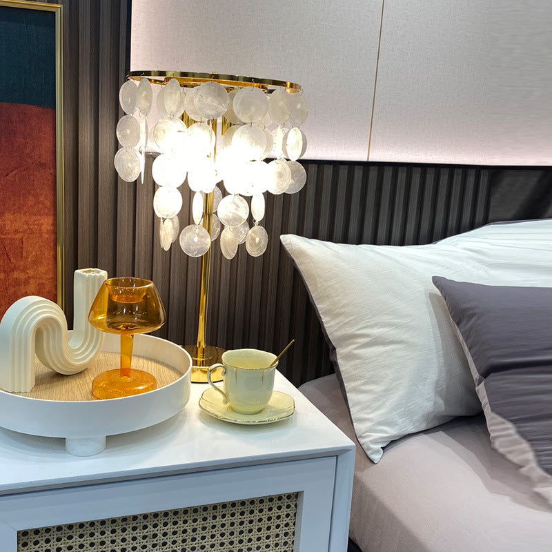 Contemporary Scandinavian Round Processing Natural Shell Iron 1-Light Table Lamp For Bedroom