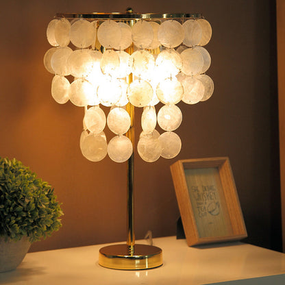 Contemporary Scandinavian Round Processing Natural Shell Iron 1-Light Table Lamp For Bedroom