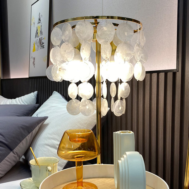 Contemporary Scandinavian Round Processing Natural Shell Iron 1-Light Table Lamp For Bedroom