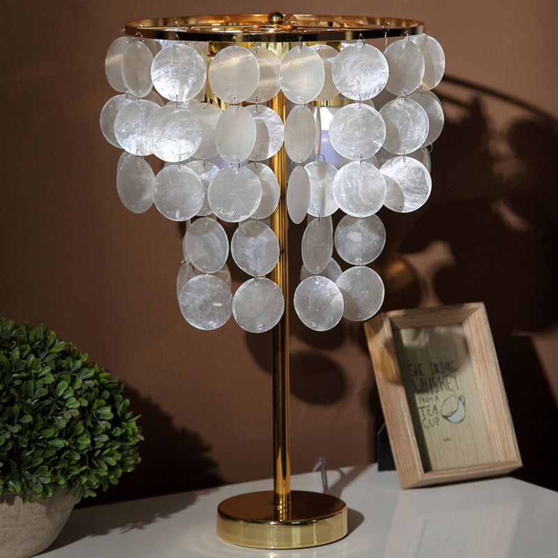 Contemporary Scandinavian Round Processing Natural Shell Iron 1-Light Table Lamp For Bedroom