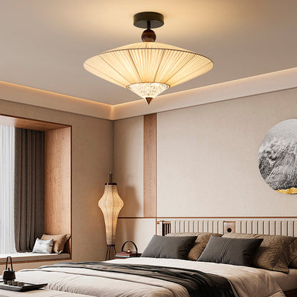 Traditional Chinese Round Hardware Fabric Crystal 3/4-Light Semi-Flush Mount Ceiling Light For Bedroom