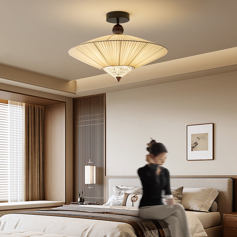 Traditional Chinese Round Hardware Fabric Crystal 3/4-Light Semi-Flush Mount Ceiling Light For Bedroom